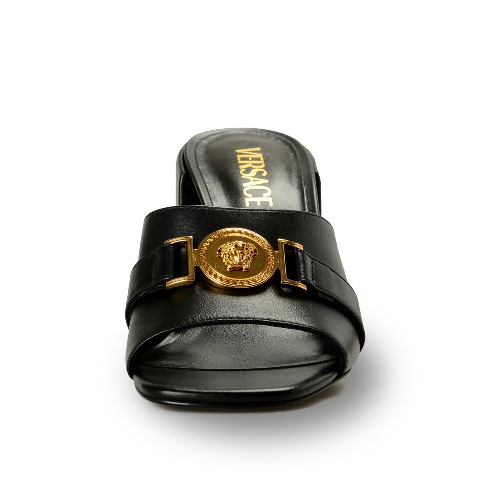 Versace Women's Black 100% Leather Gold Medusa Mules Sandals Shoes US 7 IT 37 - Picture 5 of 8